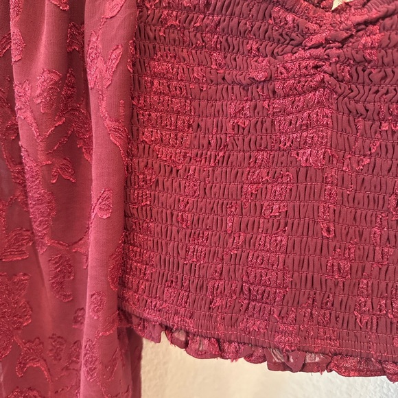 Altar’d State XS Burgundy Smocked Crop Top with Sheer Puff Sleeves - Picture 4 of 7